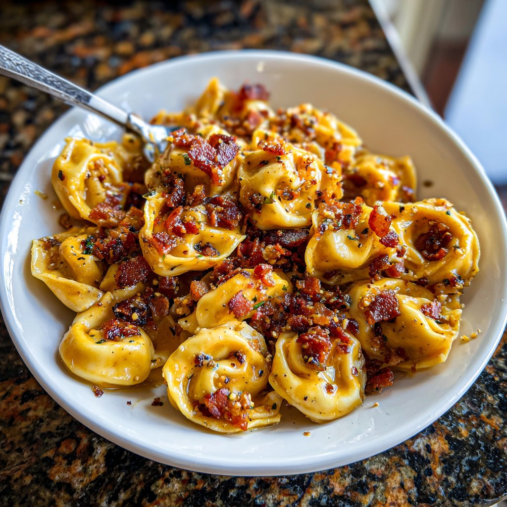Garlic Steak Tortellini with Crispy Pancetta
